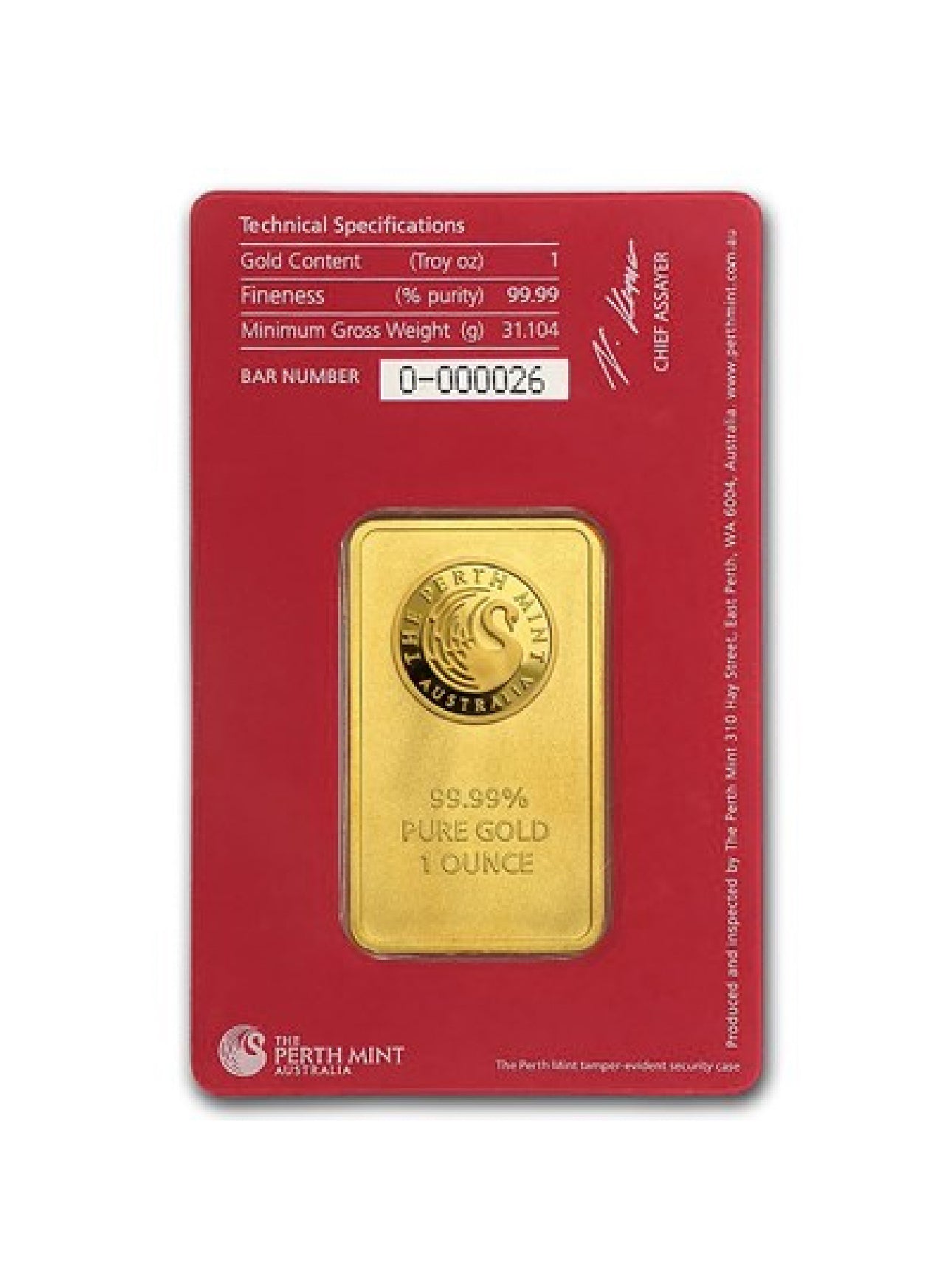 1 oz Gold Bar - The Perth Mint Oriana Design (In Assay)