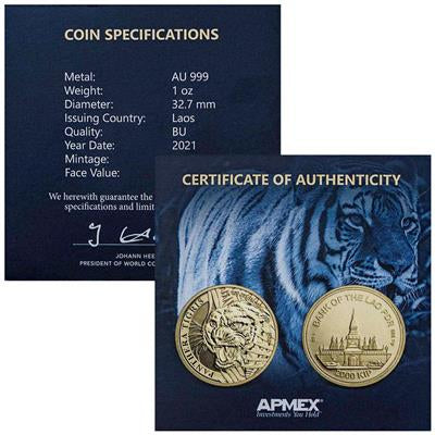 Laos 2021
TIGER - PANTHERA TIGRIS - 1 OZ
PREMIUM BULLION COIN
2.000 Kip | 1 Oz Gold | Uncirculated
Mintage only 100 pieces