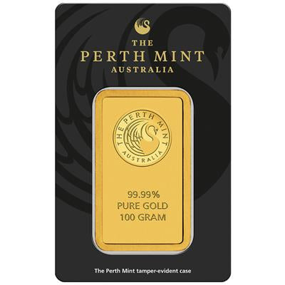 Gold Bar
100 GRAM
PERTH MINT - NEW GOODS
100 gr. | .9999 Fine Gold | Uncirculated
In Blistercard