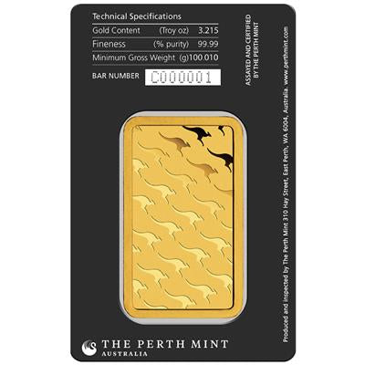 Gold Bar
100 GRAM
PERTH MINT - NEW GOODS
100 gr. | .9999 Fine Gold | Uncirculated
In Blistercard