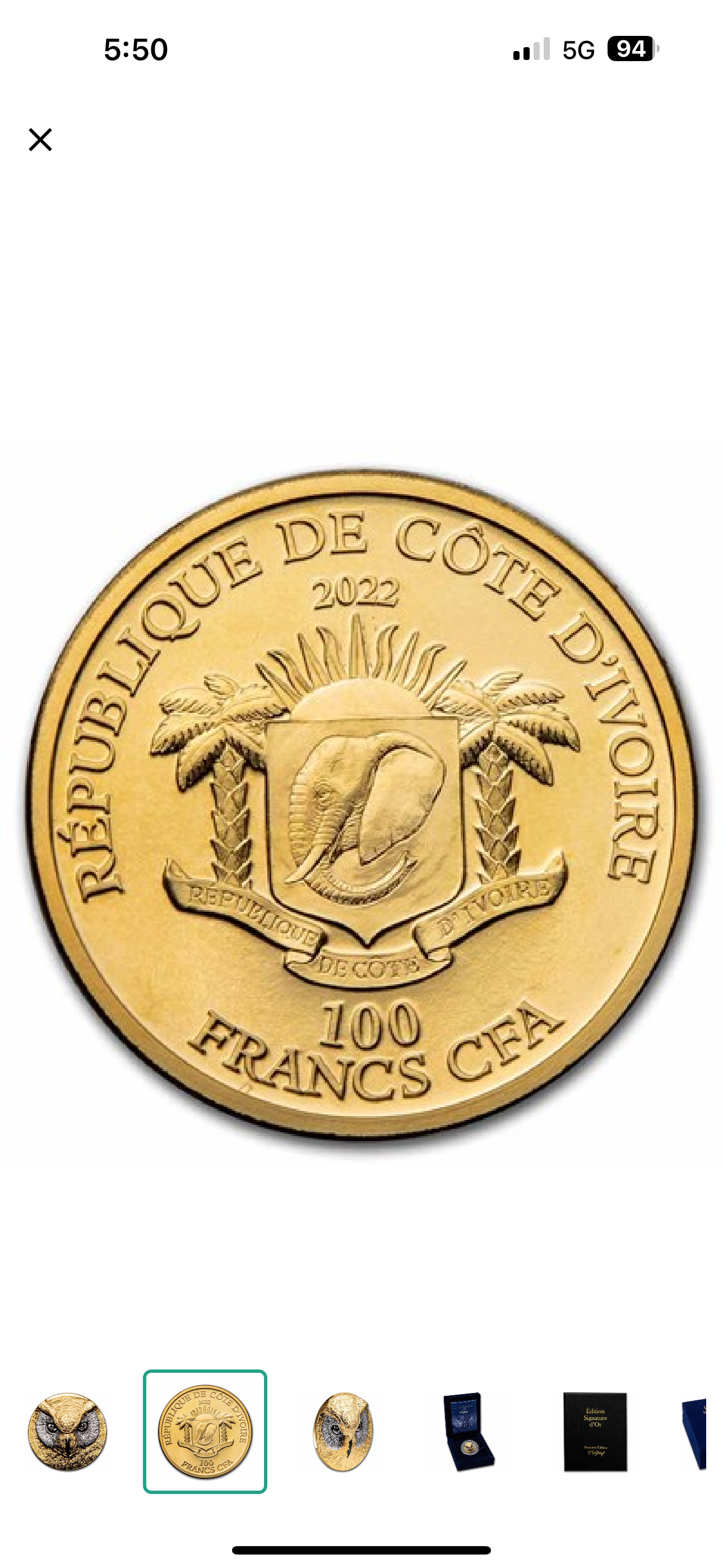 2022 Ivory Coast 1 oz Gold Édition Signature d‘Or; Owl