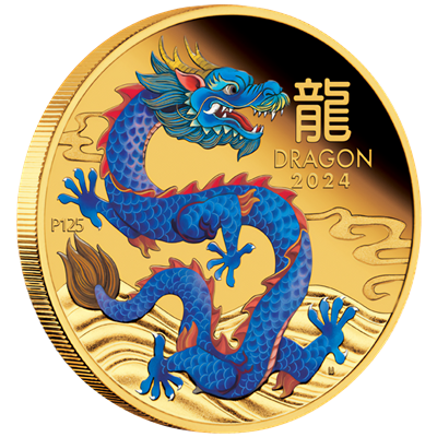 Australia 2024
YEAR OF THE DRAGON - 1 OZ - COLOR
LUNAR SERIES III. - 5TH ISSUE
100 $ | 1 Oz Gold | Proof
Mintage only 188 pieces