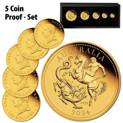 Australia 2024
SOVEREIGN - SET
125TH ANNIVERSARY - 5 COINS
195 $ | 69,87 Gram Gold | Proof
Mintage only 125 sets