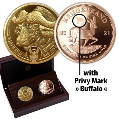 BIG FIVE + KRUGERRAND (5.)  SET - PRIVY MARK BUFFALO 51 Rand | 2 x 1 Oz Gold | Proof